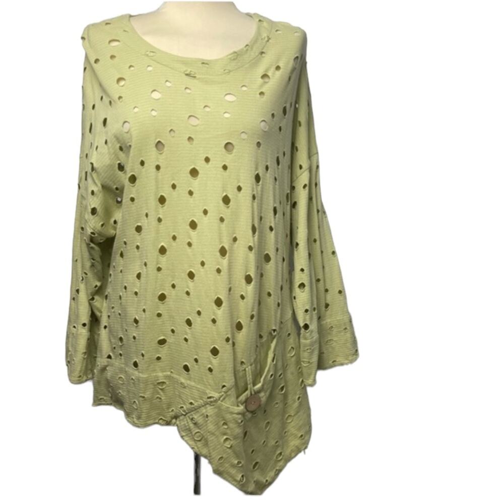 Neslay Destroyed Holes Asymmetrical Tunic Light Green Artsy Lagenlook Funky 1/2